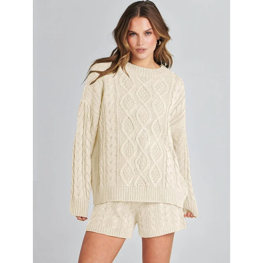 ANRABESS Women's Beige 2 Piece Outfits Sweater Lounge Loungewear Sets 2025 M
